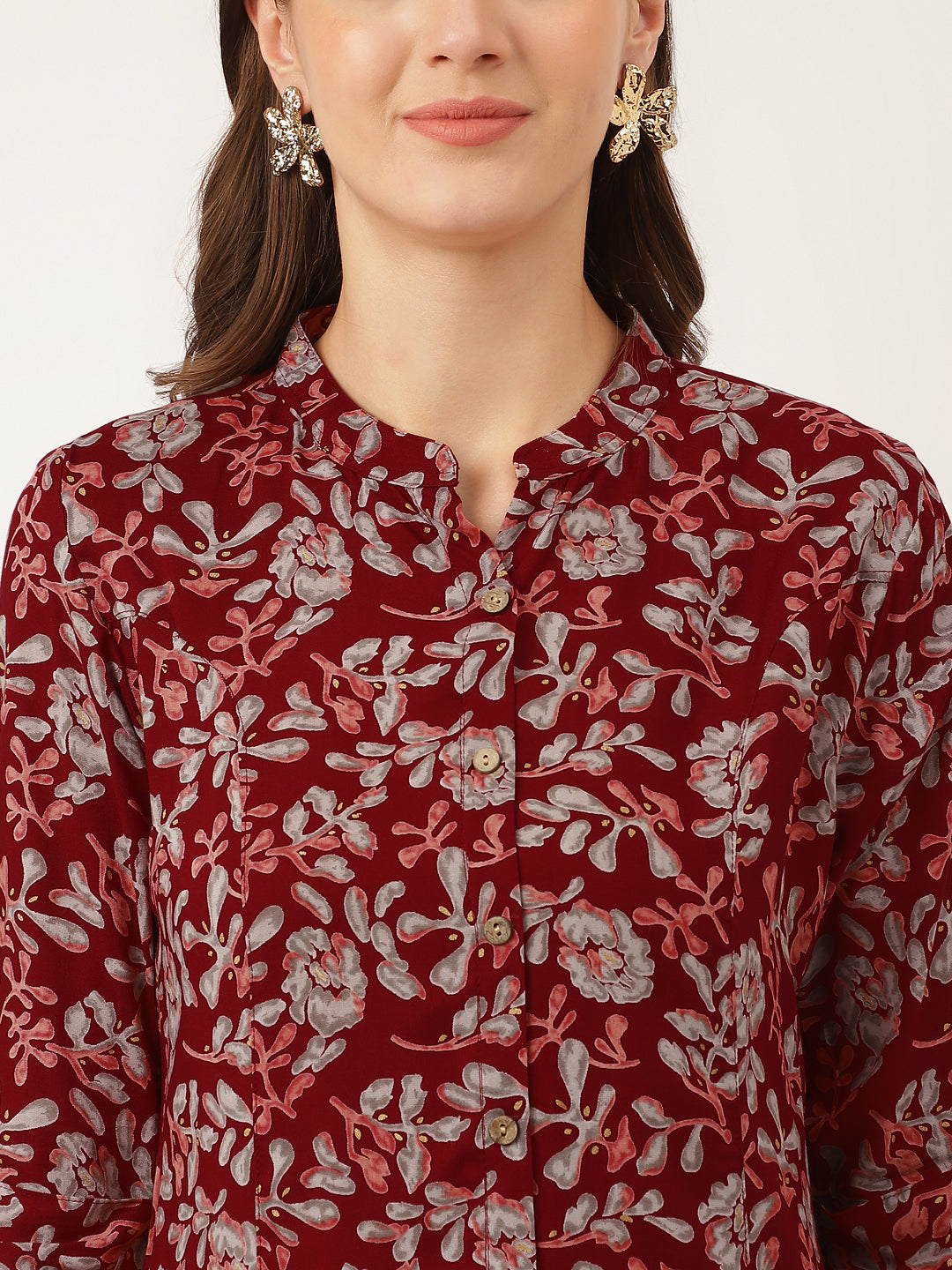 Maroon Floral Print Rayon Regular Top | LASVINI - Redefining Indian Fashion with Elegance