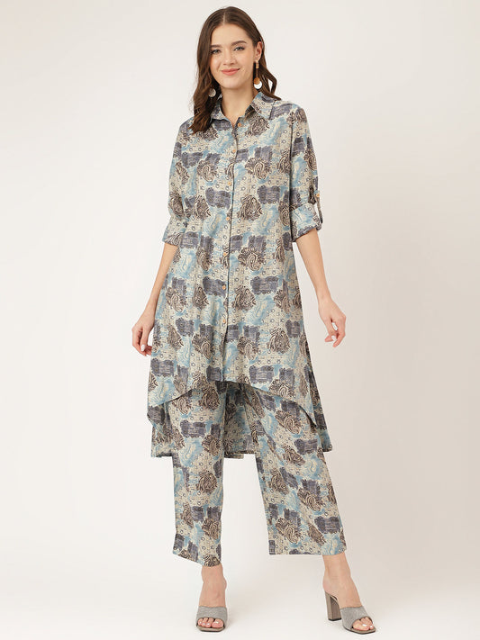 Blue Foil Printed Chanderi Co-Ord Set | LASVINI - Redefining Indian Fashion with Elegance