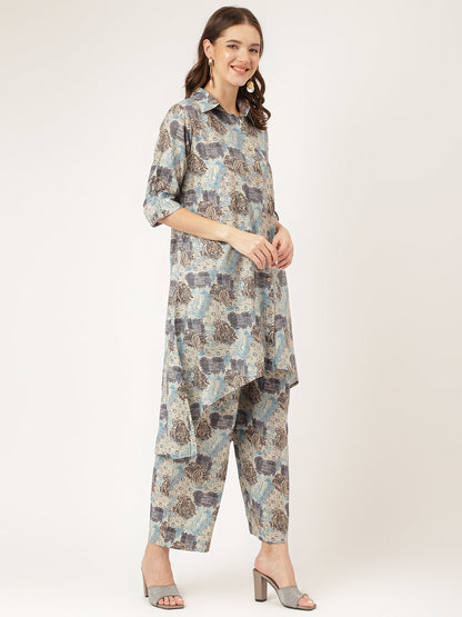Blue Foil Printed Chanderi Co-Ord Set | LASVINI - Redefining Indian Fashion with Elegance