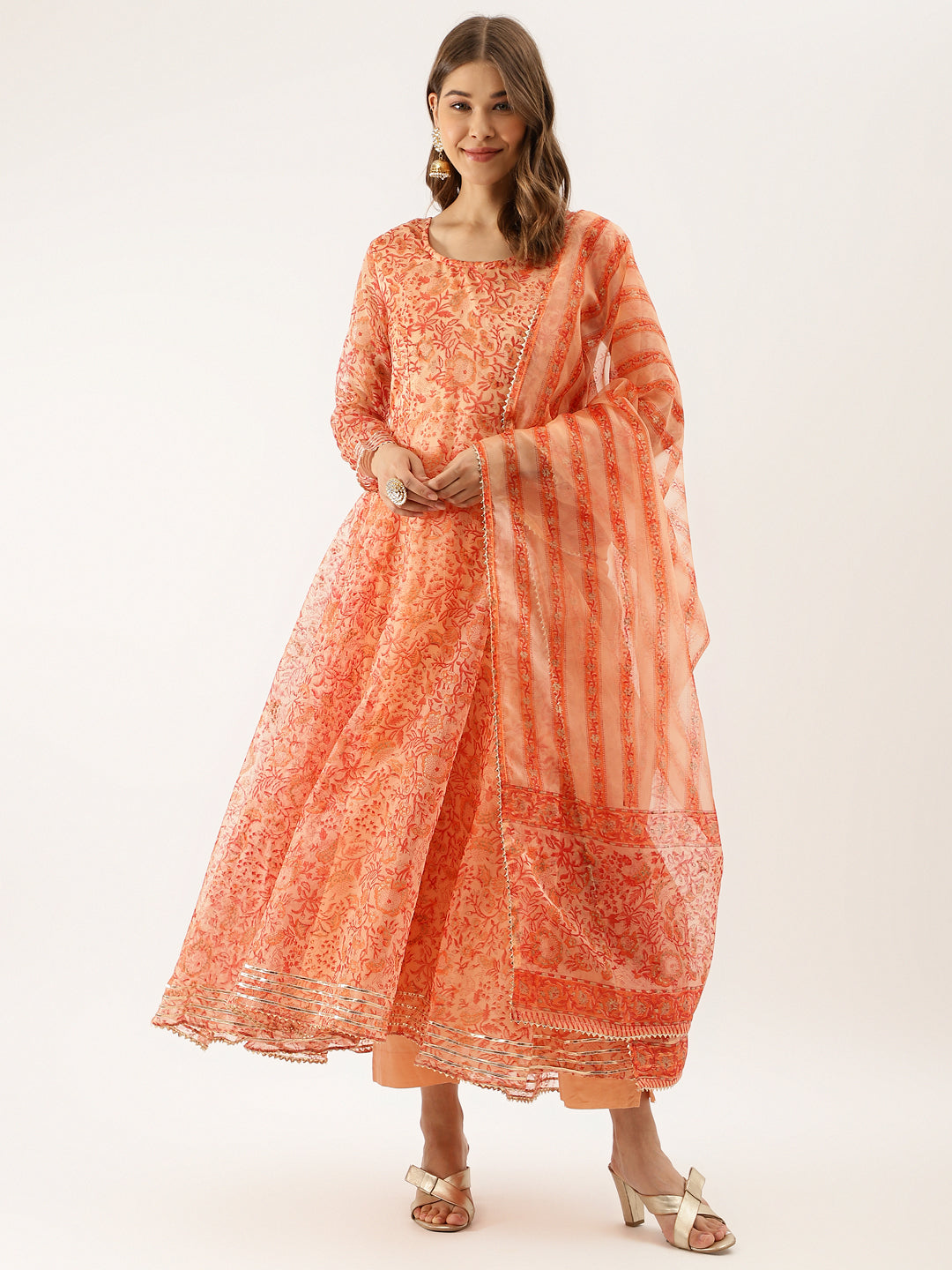 Women Orange Floral Print Organza Anarkali Kurta Set With Dupatta | LASVINI - Redefining Indian Fashion with Elegance