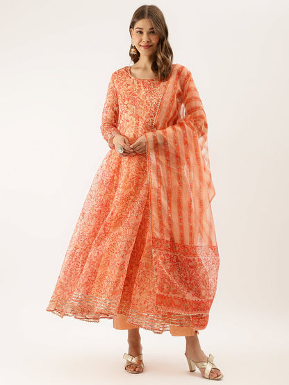 Women Orange Floral Print Organza Anarkali Kurta Set With Dupatta | LASVINI - Redefining Indian Fashion with Elegance