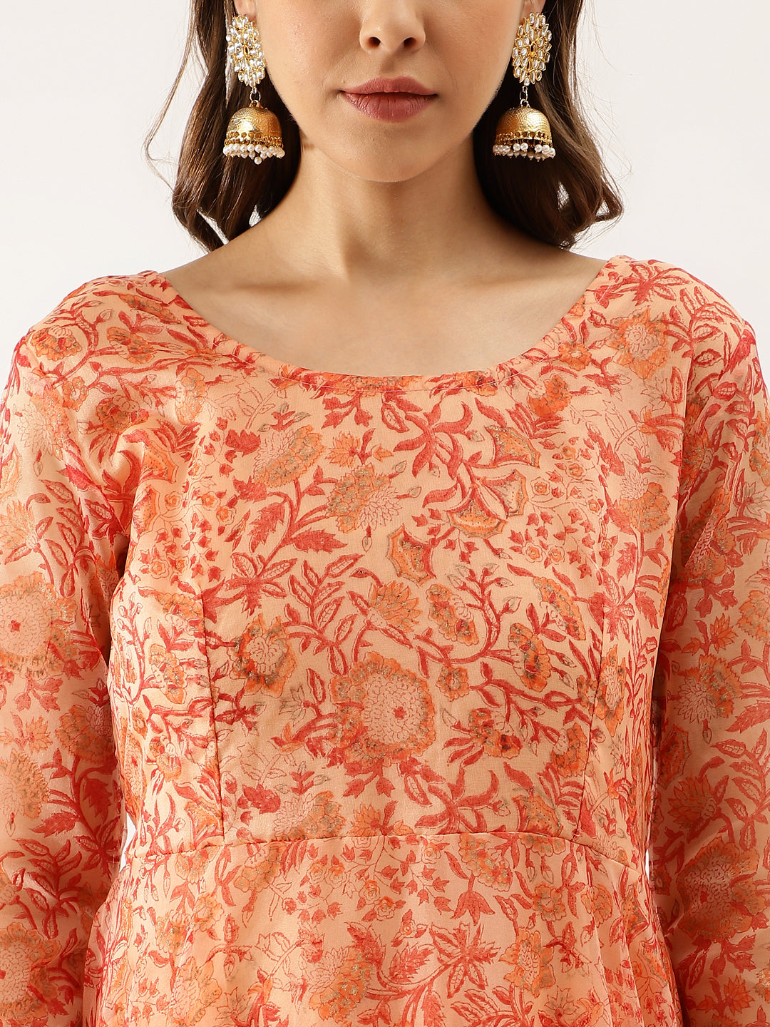 Women Orange Floral Print Organza Anarkali Kurta Set With Dupatta | LASVINI - Redefining Indian Fashion with Elegance