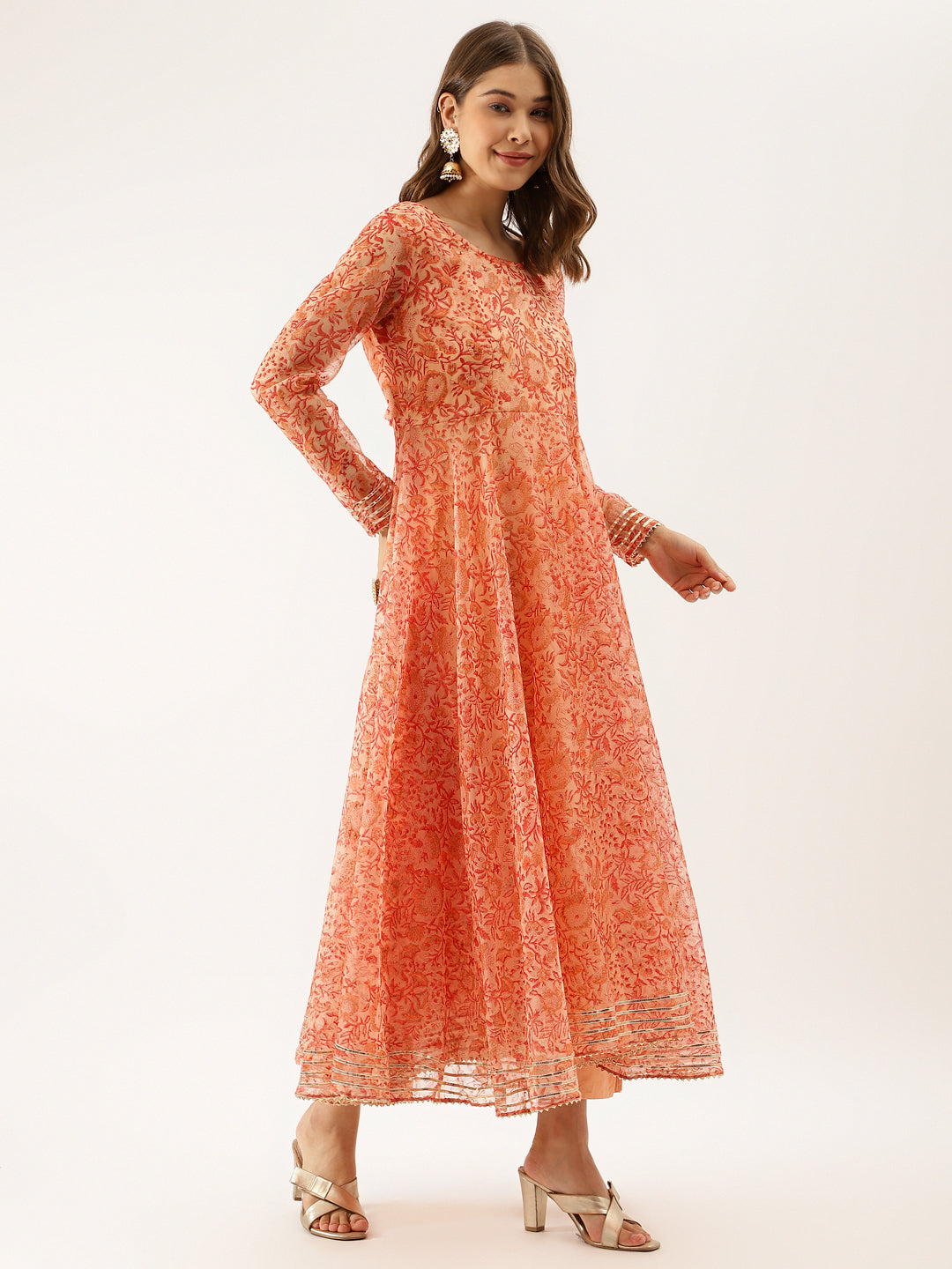Women Orange Floral Print Organza Anarkali Kurta Set With Dupatta | LASVINI - Redefining Indian Fashion with Elegance