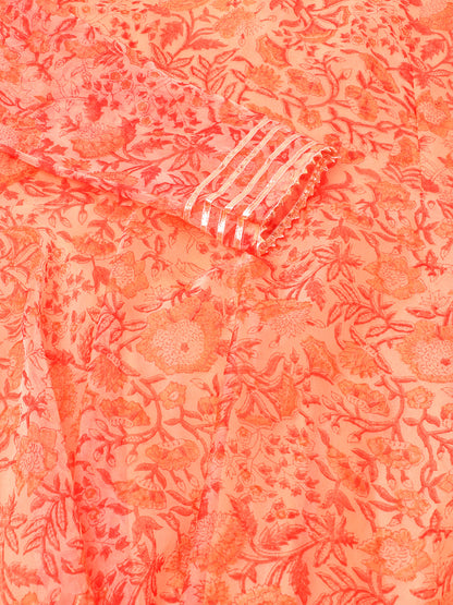 Women Orange Floral Print Organza Anarkali Kurta Set With Dupatta | LASVINI - Redefining Indian Fashion with Elegance