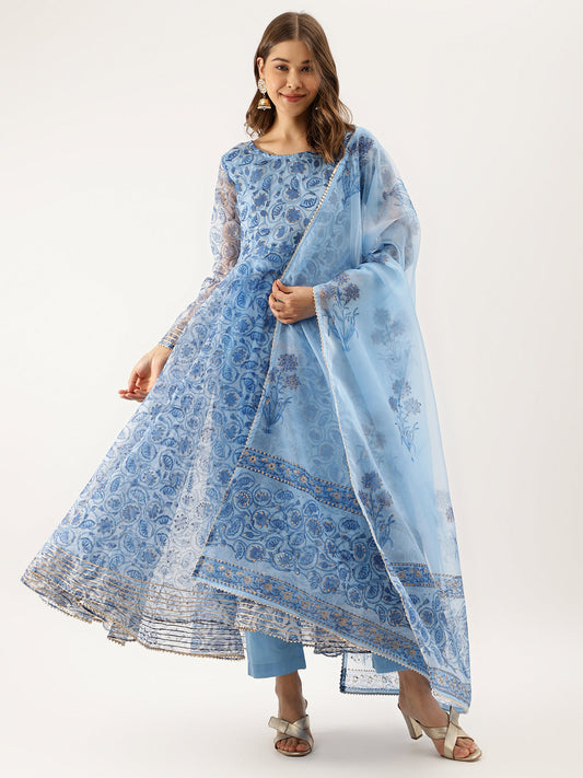 Women Sky Blue Floral Printed Organza Anarkali Kurta Dupatta Set With Cotton Lining | LASVINI - Redefining Indian Fashion with Elegance