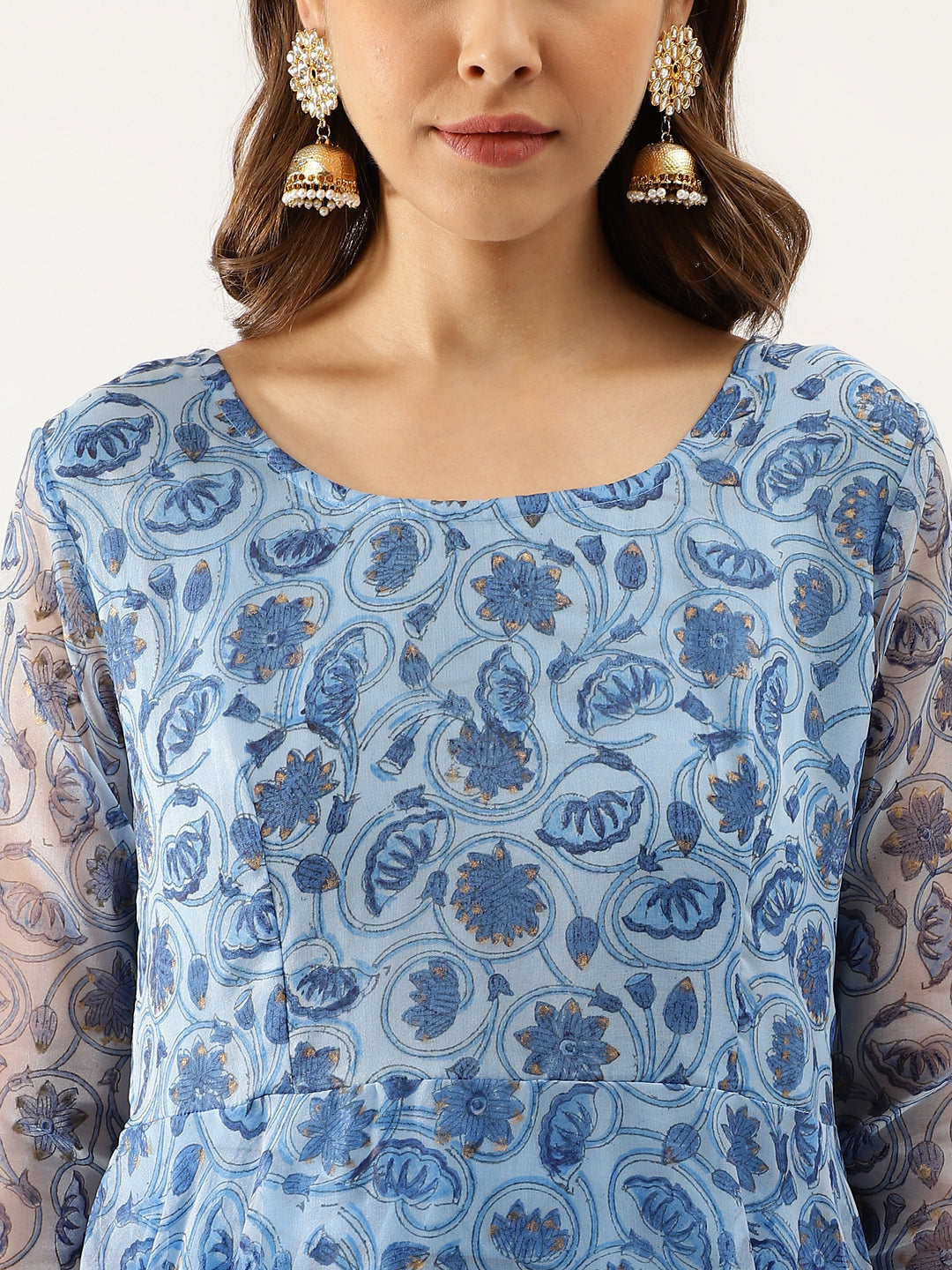 Women Sky Blue Floral Printed Organza Anarkali Kurta Dupatta Set With Cotton Lining | LASVINI - Redefining Indian Fashion with Elegance