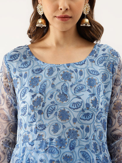 Women Sky Blue Floral Printed Organza Anarkali Kurta Dupatta Set With Cotton Lining | LASVINI - Redefining Indian Fashion with Elegance