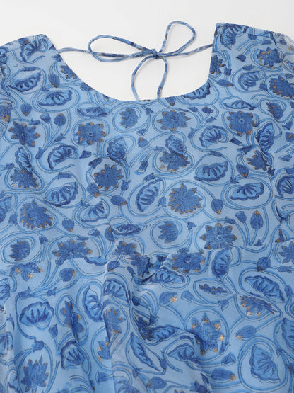 Women Sky Blue Floral Printed Organza Anarkali Kurta Dupatta Set With Cotton Lining | LASVINI - Redefining Indian Fashion with Elegance