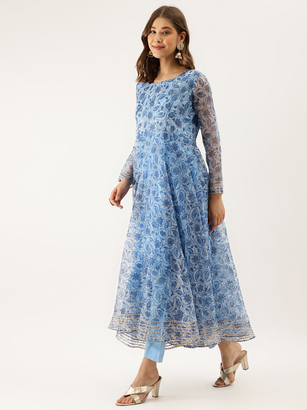 Women Sky Blue Floral Printed Organza Anarkali Kurta Dupatta Set With Cotton Lining | LASVINI - Redefining Indian Fashion with Elegance