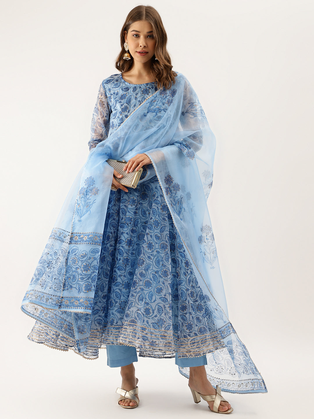 Women Sky Blue Floral Printed Organza Anarkali Kurta Dupatta Set With Cotton Lining | LASVINI - Redefining Indian Fashion with Elegance