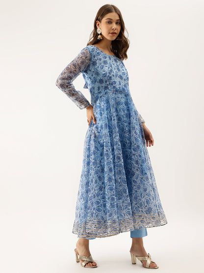 Women Sky Blue Floral Printed Organza Anarkali Kurta Dupatta Set With Cotton Lining | LASVINI - Redefining Indian Fashion with Elegance