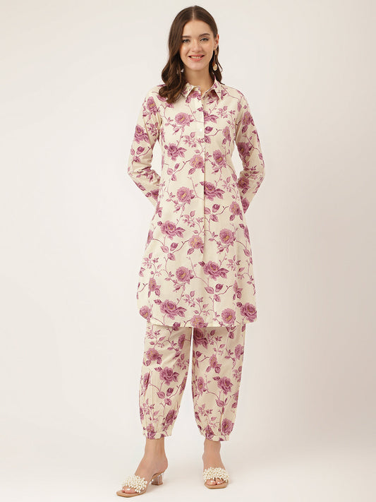 Purple Floral Print Cotton Co-Ord Set | LASVINI - Redefining Indian Fashion with Elegance