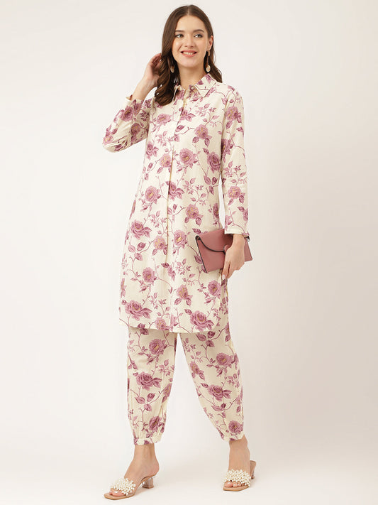 Purple Floral Print Cotton Co-Ord Set | LASVINI - Redefining Indian Fashion with Elegance