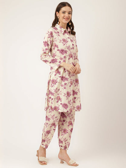 Purple Floral Print Cotton Co-Ord Set | LASVINI - Redefining Indian Fashion with Elegance
