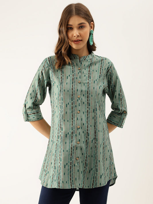 Women Green Printed Modal Chanderi Regular Fit Top | LASVINI - Redefining Indian Fashion with Elegance