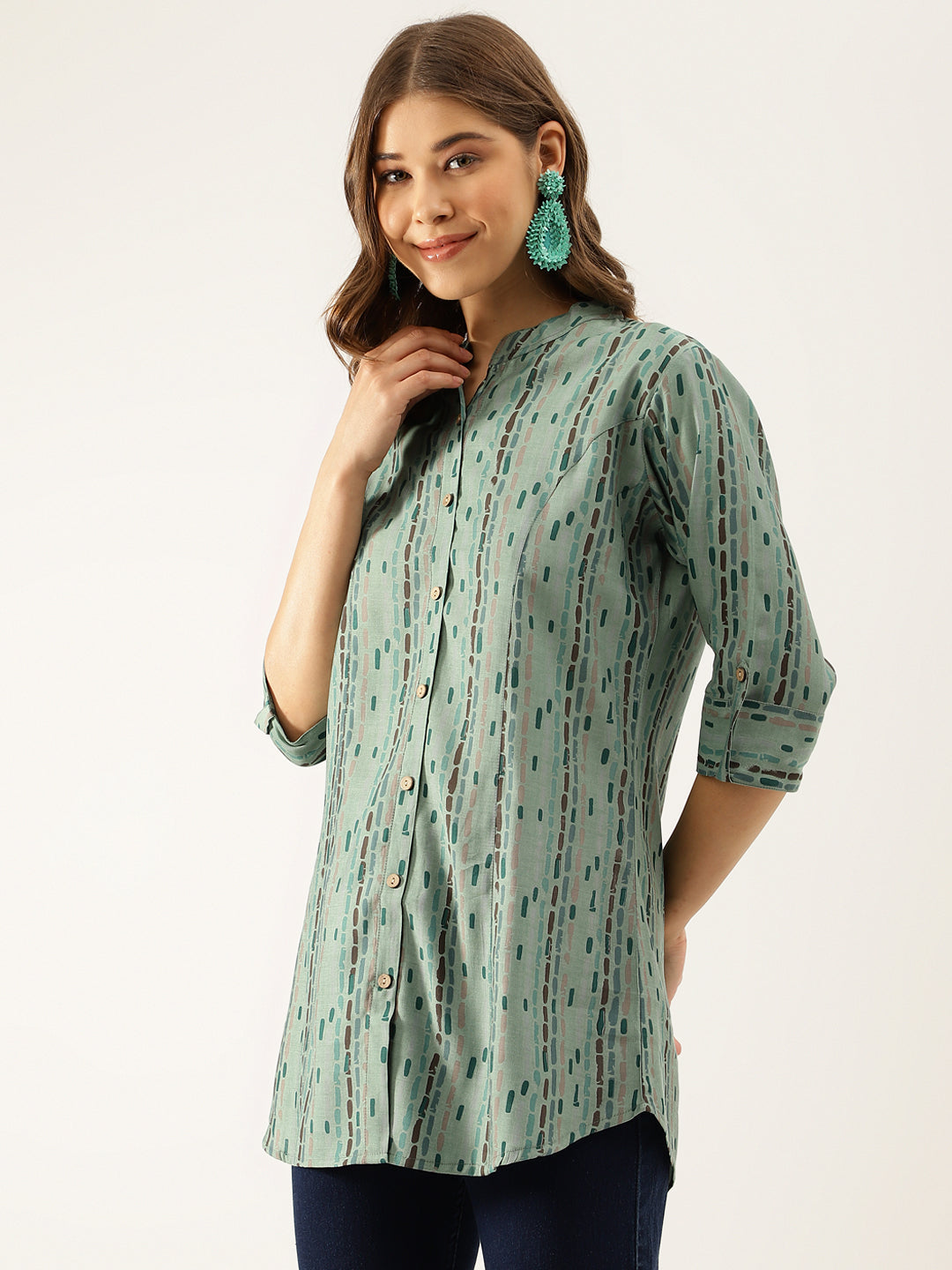 Women Green Printed Modal Chanderi Regular Fit Top | LASVINI - Redefining Indian Fashion with Elegance