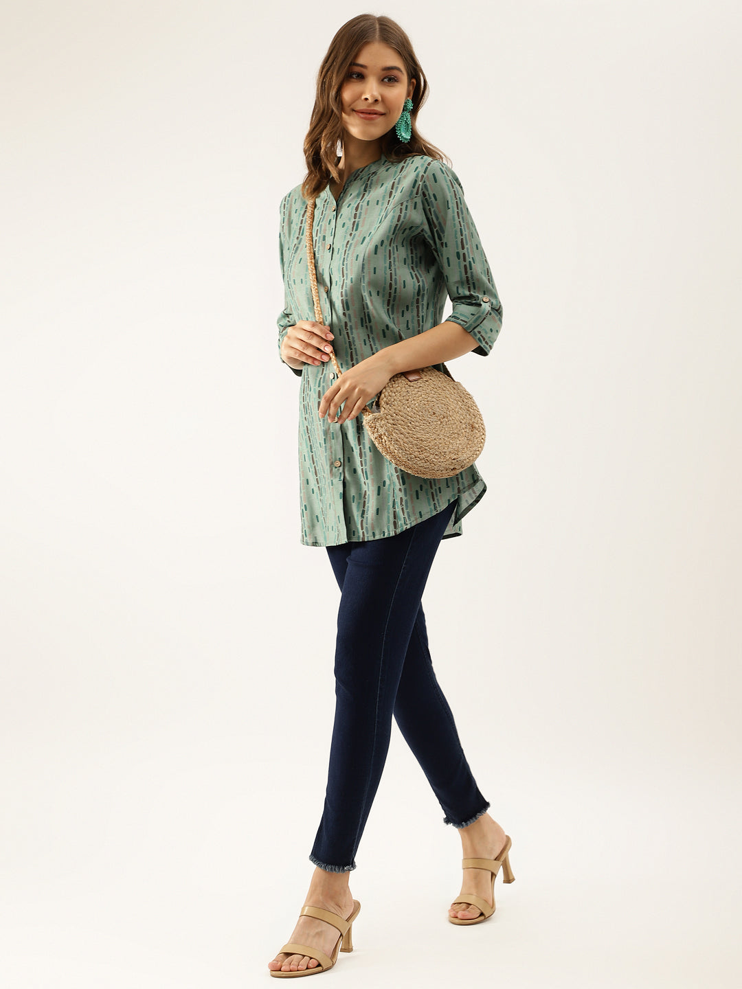 Women Green Printed Modal Chanderi Regular Fit Top | LASVINI - Redefining Indian Fashion with Elegance