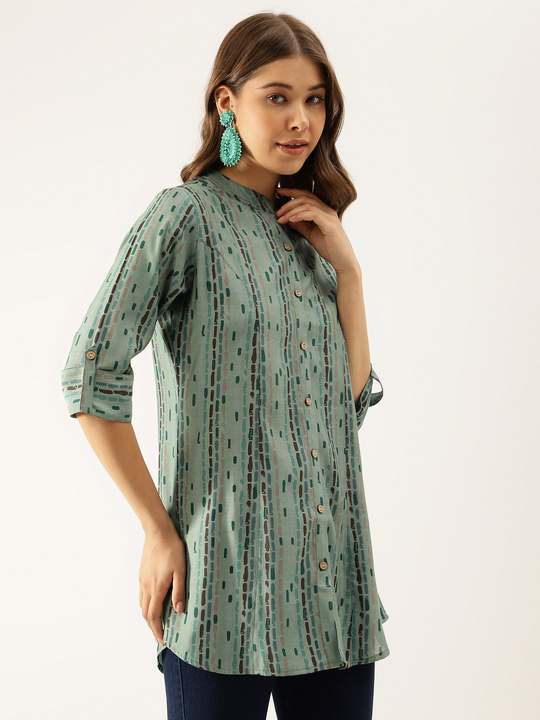 Women Green Printed Modal Chanderi Regular Fit Top | LASVINI - Redefining Indian Fashion with Elegance