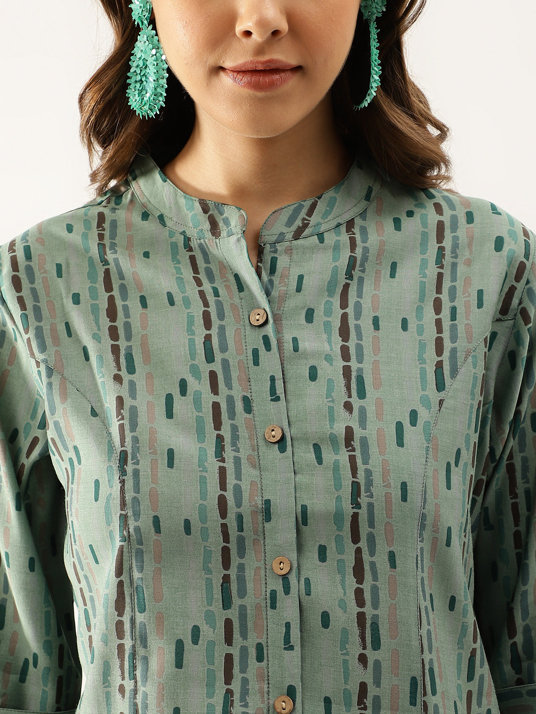 Women Green Printed Modal Chanderi Regular Fit Top | LASVINI - Redefining Indian Fashion with Elegance