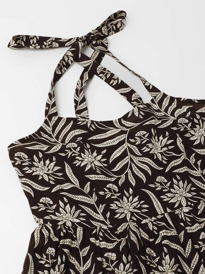 Women Black Floral Printed Cotton Ethnic Dress | LASVINI - Redefining Indian Fashion with Elegance
