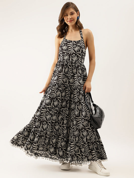 Women Black Floral Printed Cotton Ethnic Dress | LASVINI - Redefining Indian Fashion with Elegance