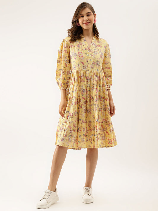 Women Yellow Floral Printed Cotton Dress | LASVINI - Redefining Indian Fashion with Elegance
