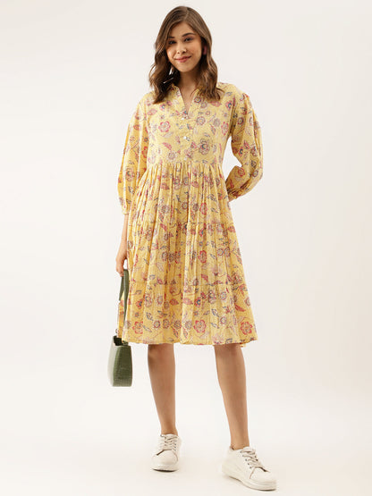 Women Yellow Floral Printed Cotton Dress | LASVINI - Redefining Indian Fashion with Elegance
