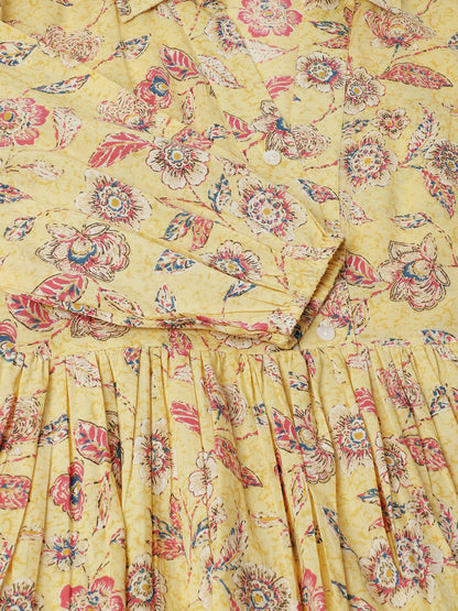 Women Yellow Floral Printed Cotton Dress | LASVINI - Redefining Indian Fashion with Elegance