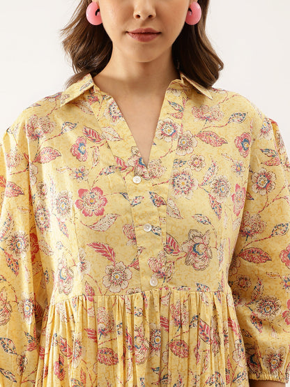 Women Yellow Floral Printed Cotton Dress | LASVINI - Redefining Indian Fashion with Elegance