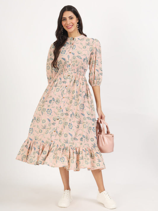 Pink Floral Print Cotton Knee Long Dress For Women | LASVINI - Redefining Indian Fashion with Elegance