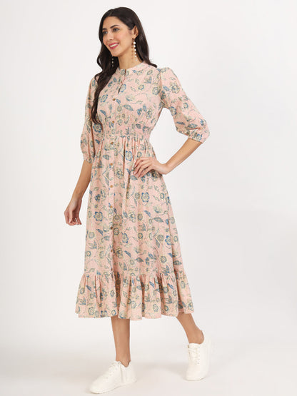 Pink Floral Print Cotton Knee Long Dress For Women | LASVINI - Redefining Indian Fashion with Elegance