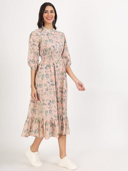 Pink Floral Print Cotton Knee Long Dress For Women | LASVINI - Redefining Indian Fashion with Elegance