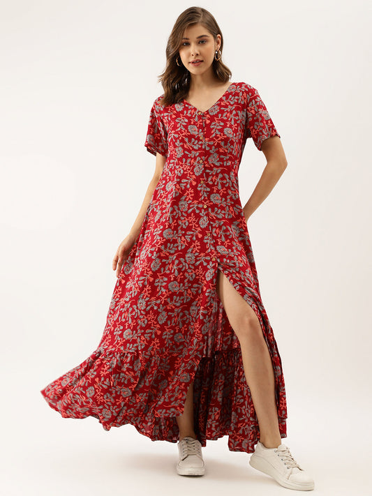 Women Maroon Floral Printed Rayon Ethnic Dress | LASVINI - Redefining Indian Fashion with Elegance
