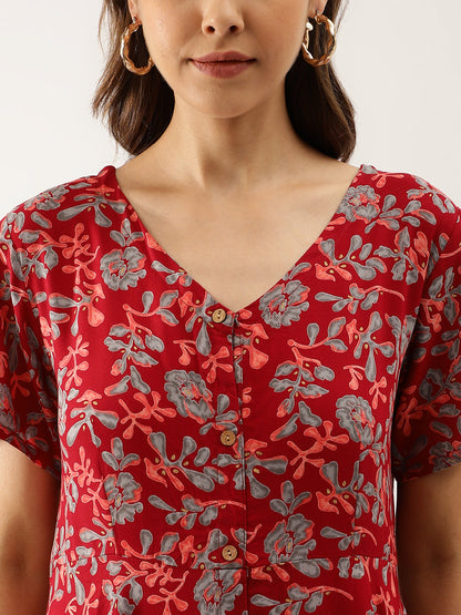 Women Maroon Floral Printed Rayon Ethnic Dress | LASVINI - Redefining Indian Fashion with Elegance