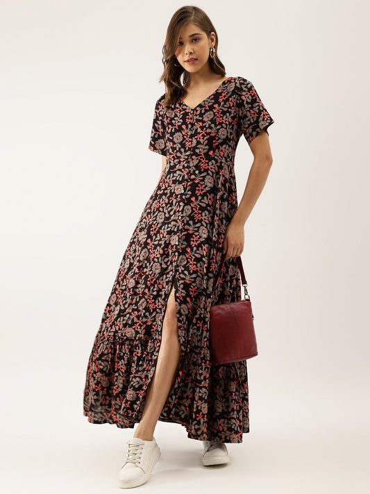 Women Black Multi Floral Printed Rayon Ethnic Dress | LASVINI - Redefining Indian Fashion with Elegance