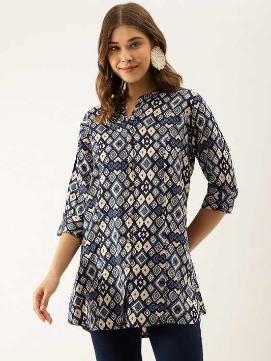 Women Navy Blue Printed Rayon Regular Fit Top | LASVINI - Redefining Indian Fashion with Elegance