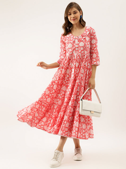 Women Pink Floral Printed Cotton Ethnic Dress | LASVINI - Redefining Indian Fashion with Elegance