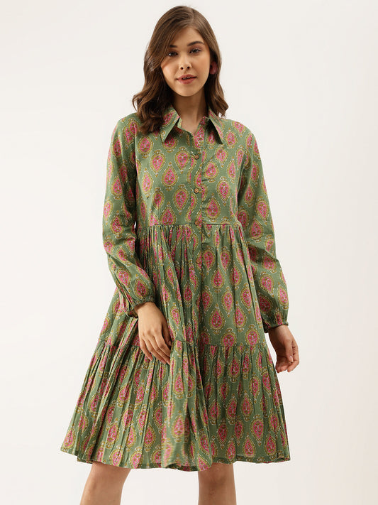 Green Paisley Printed Cotton Dress | LASVINI - Redefining Indian Fashion with Elegance