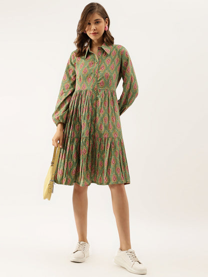 Green Paisley Printed Cotton Dress | LASVINI - Redefining Indian Fashion with Elegance