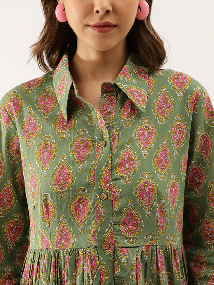 Green Paisley Printed Cotton Dress | LASVINI - Redefining Indian Fashion with Elegance