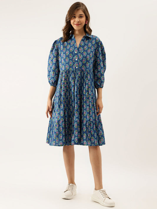 Women Blue Paisley Printed Cotton Dress | LASVINI - Redefining Indian Fashion with Elegance
