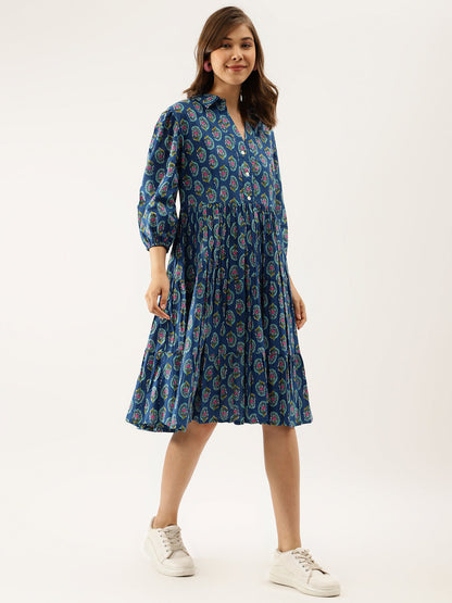 Women Blue Paisley Printed Cotton Dress | LASVINI - Redefining Indian Fashion with Elegance