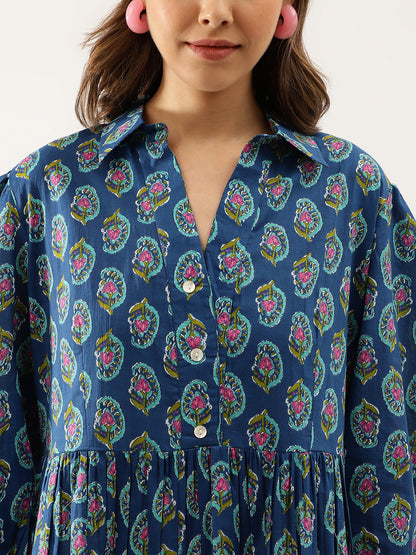 Women Blue Paisley Printed Cotton Dress | LASVINI - Redefining Indian Fashion with Elegance