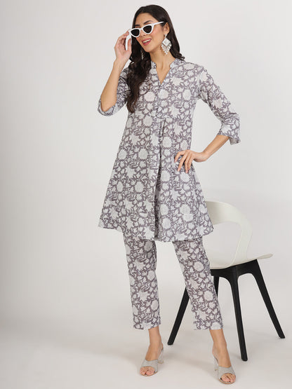 Women Grey Floral Printed Cotton Co Ord Set | LASVINI - Redefining Indian Fashion with Elegance