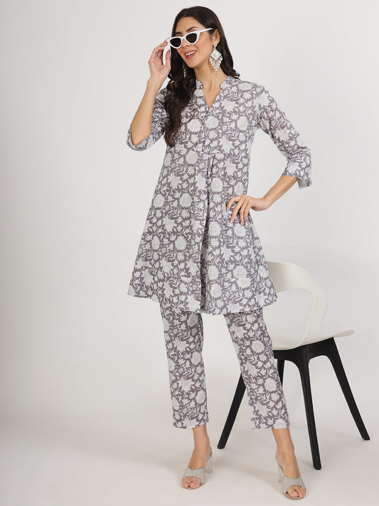 Women Grey Floral Printed Cotton Co Ord Set | LASVINI - Redefining Indian Fashion with Elegance