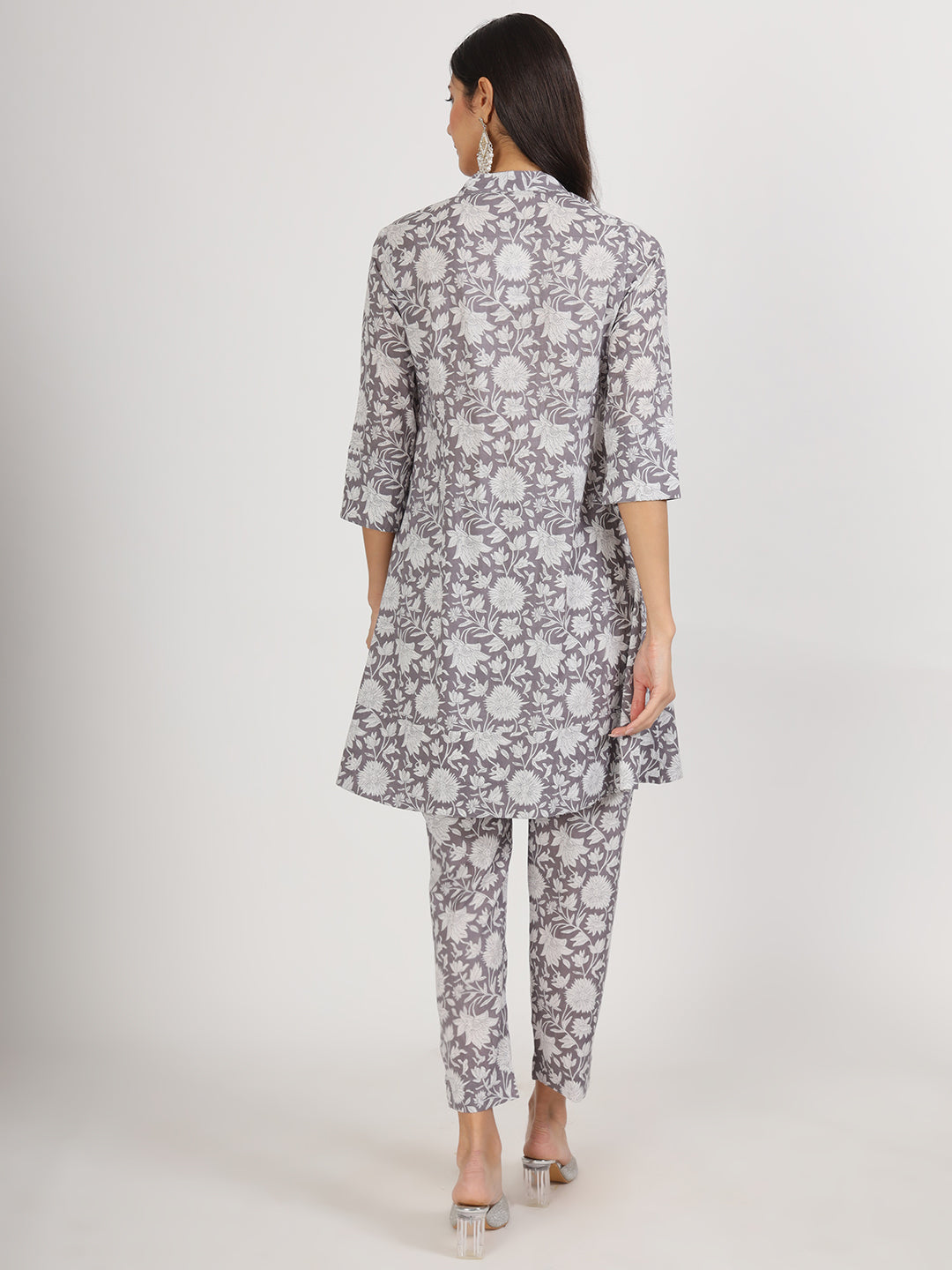 Women Grey Floral Printed Cotton Co Ord Set | LASVINI - Redefining Indian Fashion with Elegance