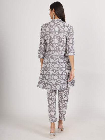 Women Grey Floral Printed Cotton Co Ord Set | LASVINI - Redefining Indian Fashion with Elegance