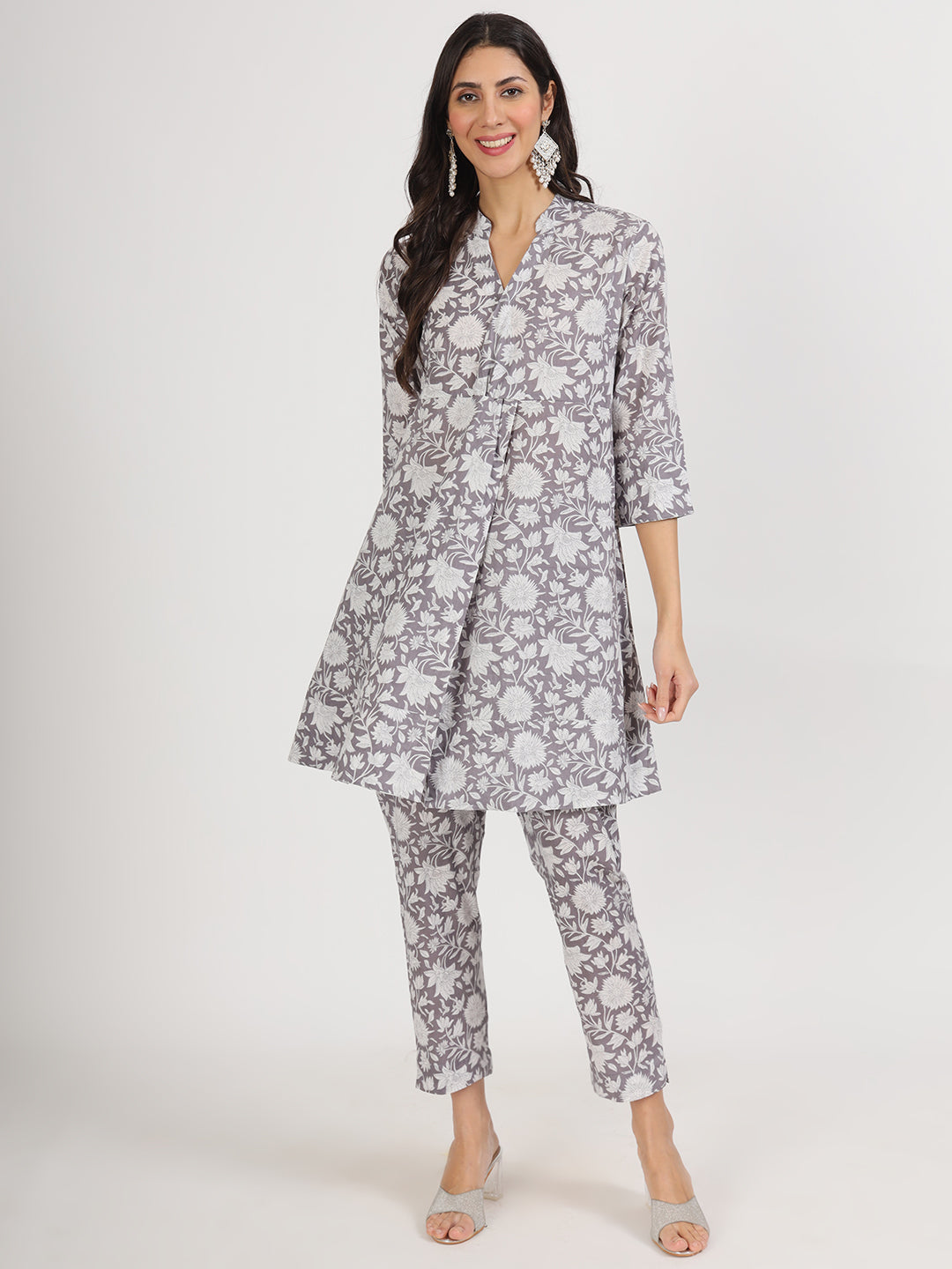 Women Grey Floral Printed Cotton Co Ord Set | LASVINI - Redefining Indian Fashion with Elegance