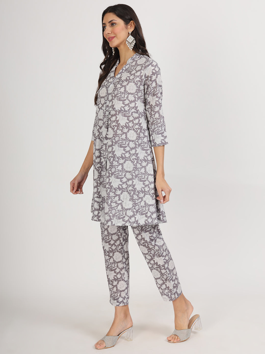 Women Grey Floral Printed Cotton Co Ord Set | LASVINI - Redefining Indian Fashion with Elegance