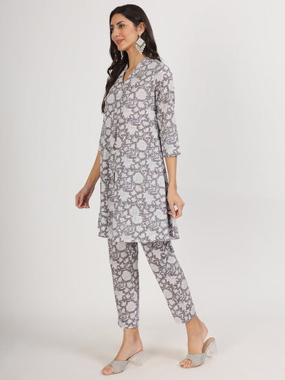 Women Grey Floral Printed Cotton Co Ord Set | LASVINI - Redefining Indian Fashion with Elegance